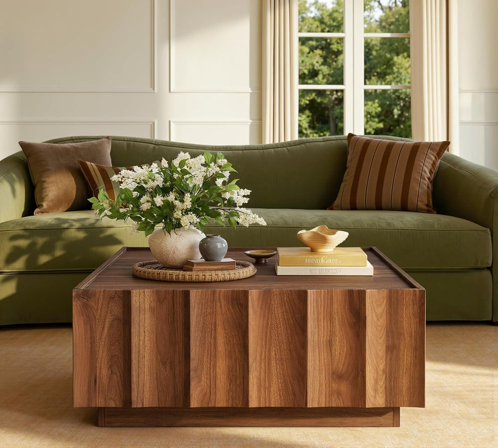 win2win Square Coffee Table with Storage, Wave Design, Walnut