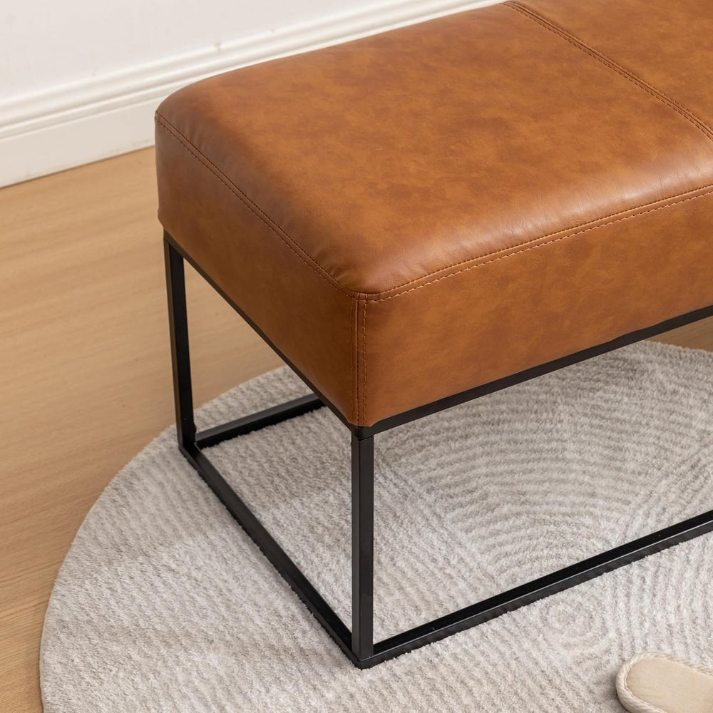 Leather Entryway Bench, Modern Long Faux Leather Ottoman Bench Seat with Meta...
