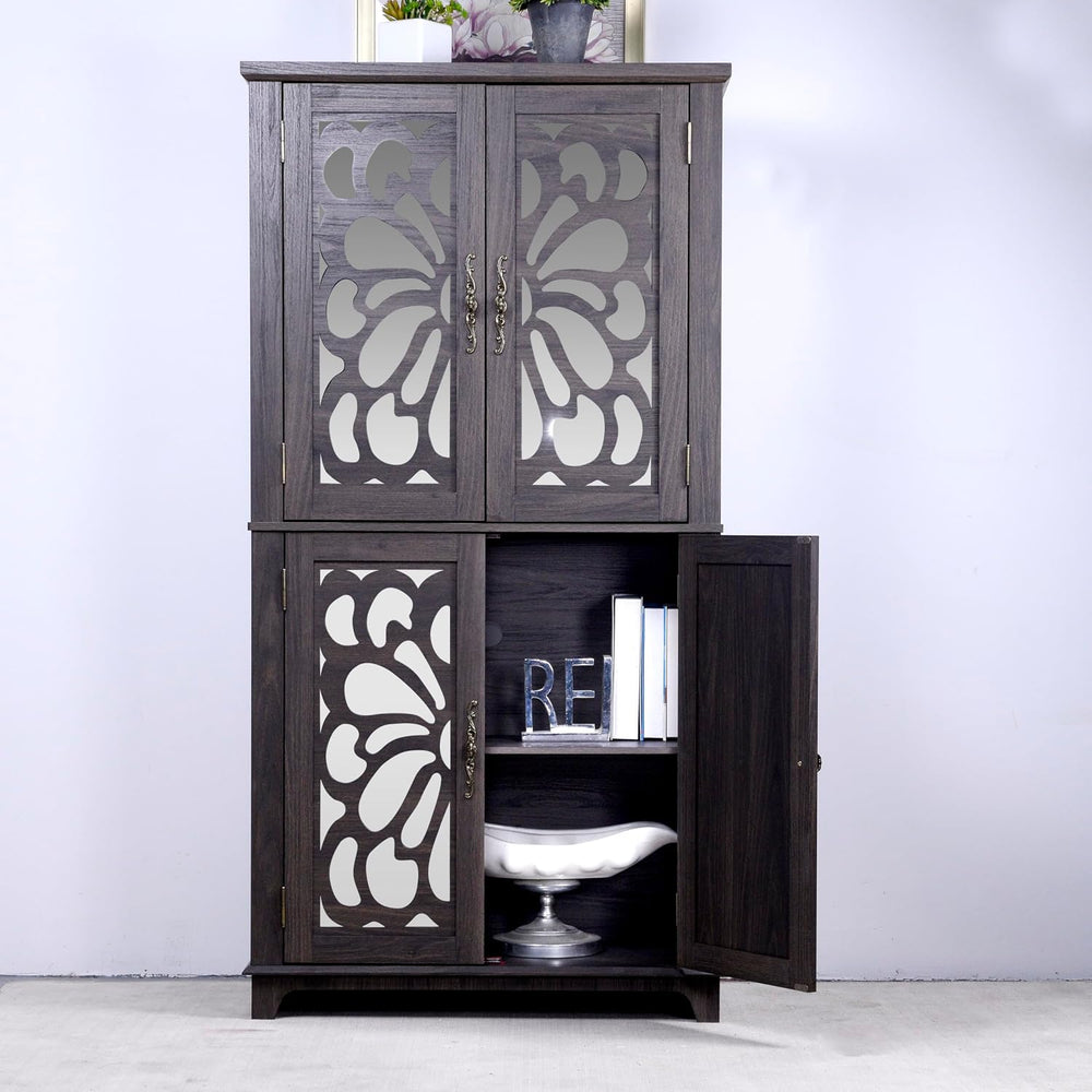 JIJIWANG Kitchen Pantry Storage Cabinet with Acrylic Mirrored Doors,Large Sid...