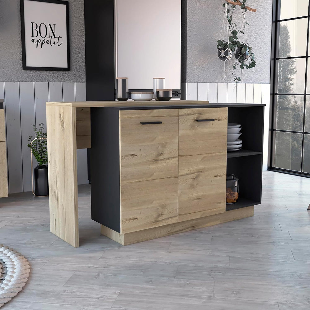 Kitchen Island Ohio - Modern Black and Light Oak Kitchen Island | Two open sh...