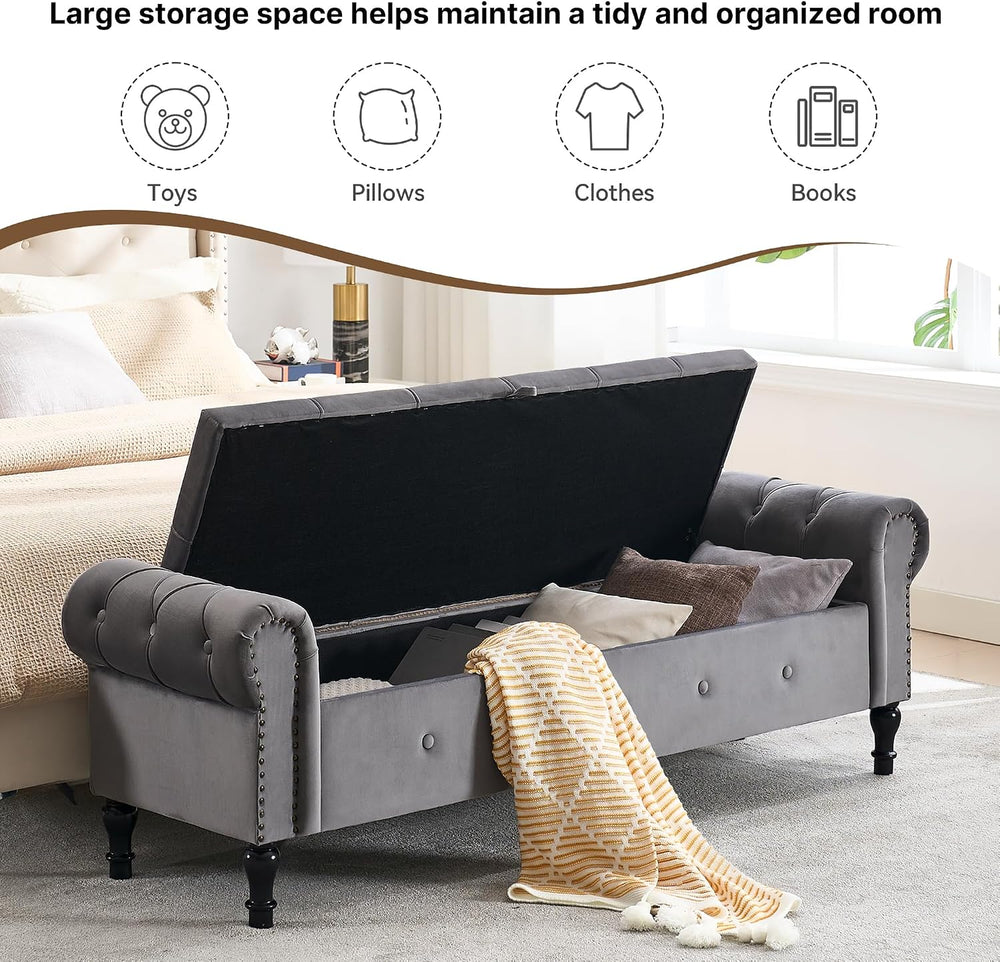 Storage Bench 67" Velvet End of Bed Benches Dark Grey | King Size Storag...