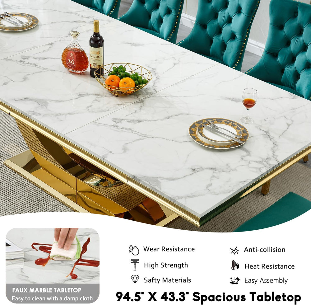 94.5" Large Marble Dining Table Set for 10, Luxury White Gold Kitchen Ta...