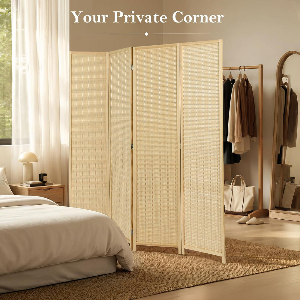 4 Panel Bamboo Room Divider, Folding Privacy Screen, Natural