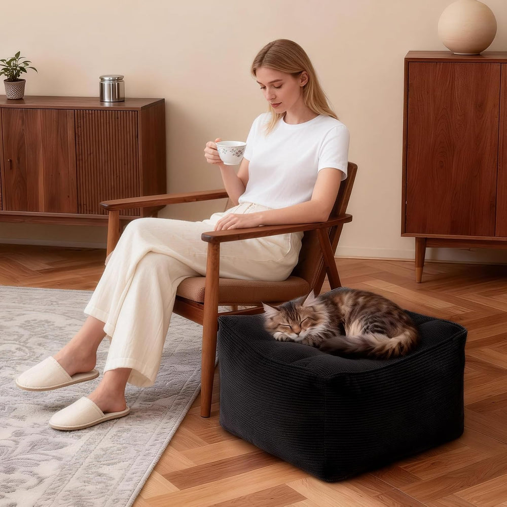 Square Corduroy Pouf Ottoman, Soft Fluffy Foot Stool with Foam Chunk Filling,...