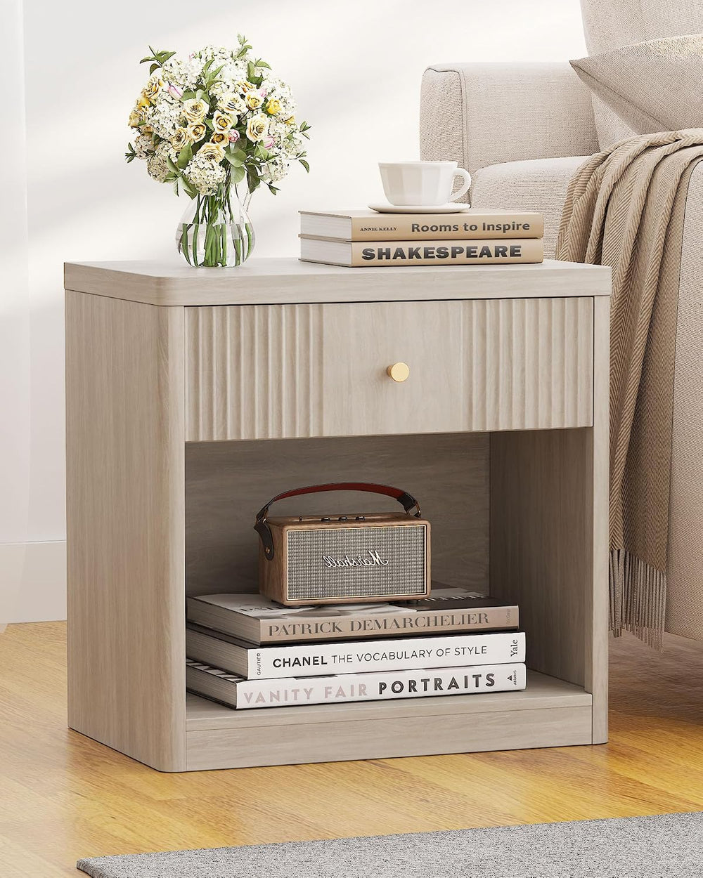 Memobarco Night Stand Set of 2, Fluted Nightstands with Drawer, White Alder |...