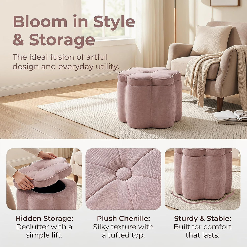 Crestview Collection 14.5" H Pink Flower Storage Ottoman,Sandy Pink | Ch...