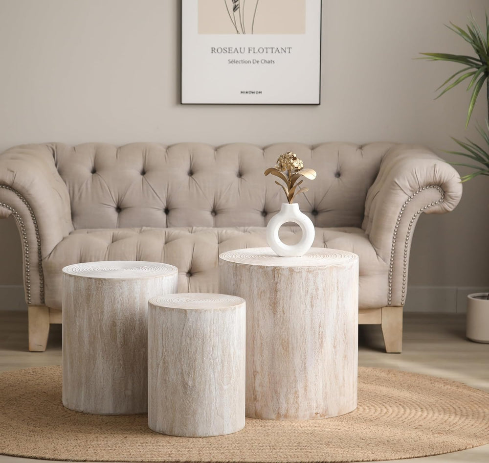 VELOVE Wood Stump Side Tables, Set of 3, White wash Finish