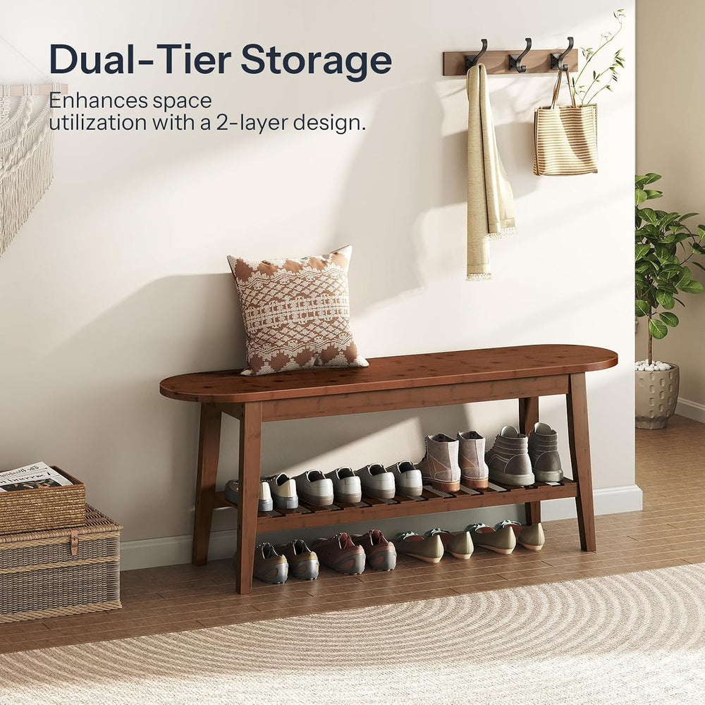 HOOBRO Dining Bench, 2-Tier Bamboo Farmhouse Entryway Bench, Indoor Storage W...