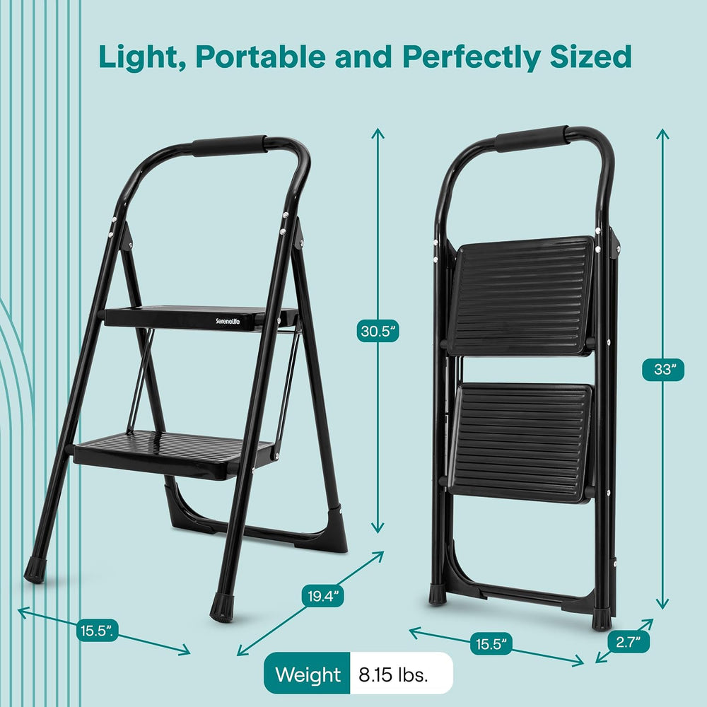 SereneLife 2 Step Ladder, Folding Step Stool for Adults, Heavy Duty, 570 Lb