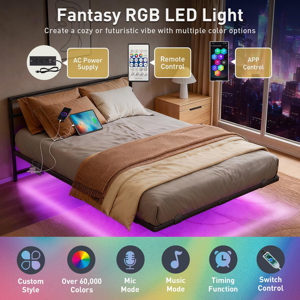 AGXI Full Size Bed Frame with Headboard, 14 Inch Floating Bed with Smart LED ...