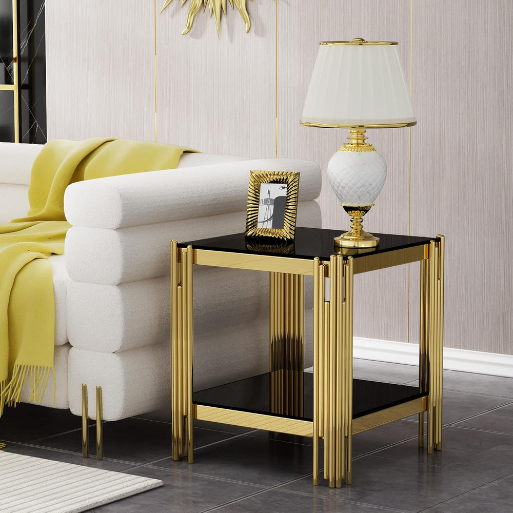 20” Square Glass End Table, 2-Tier Side Table with Black Tempered Glass Top G...
