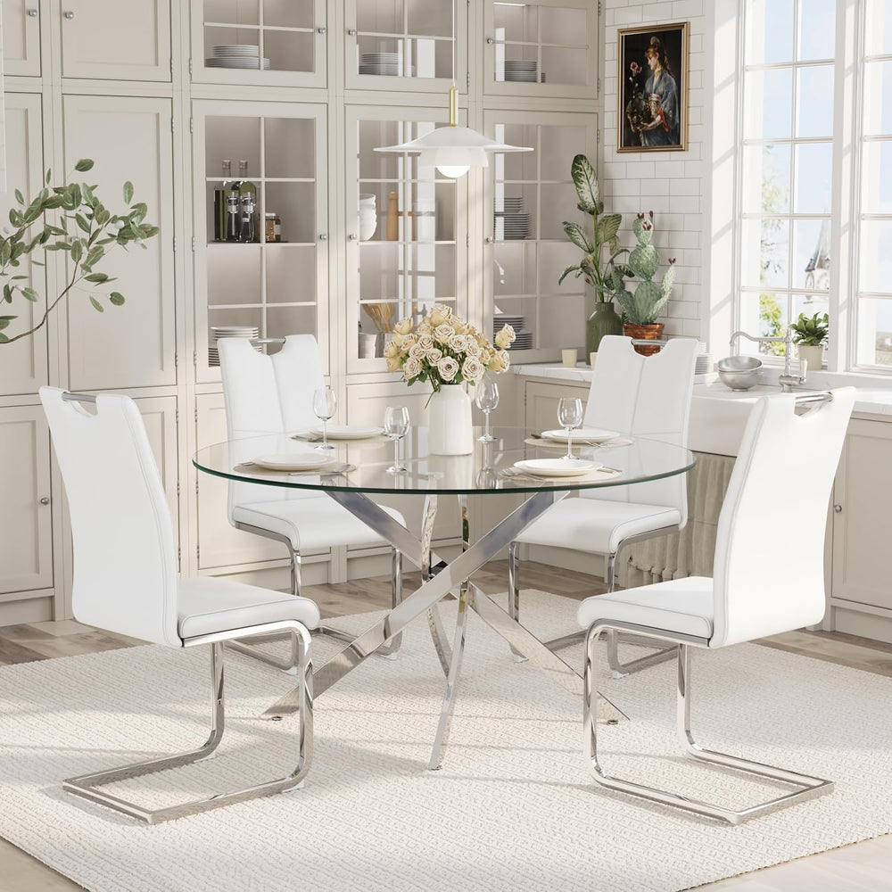 5-Piece Round Dining Table Set for 4, 47" Small Circle Tempered Glass Ki...