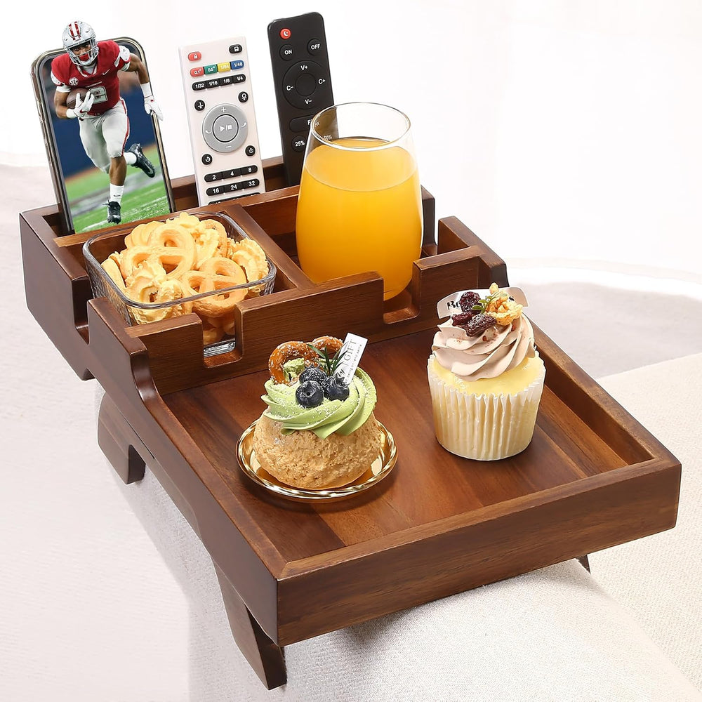 Couch Arm Table with Dual Cup Holders, Acacia Wood Sofa Arm Tray | Fits armle...