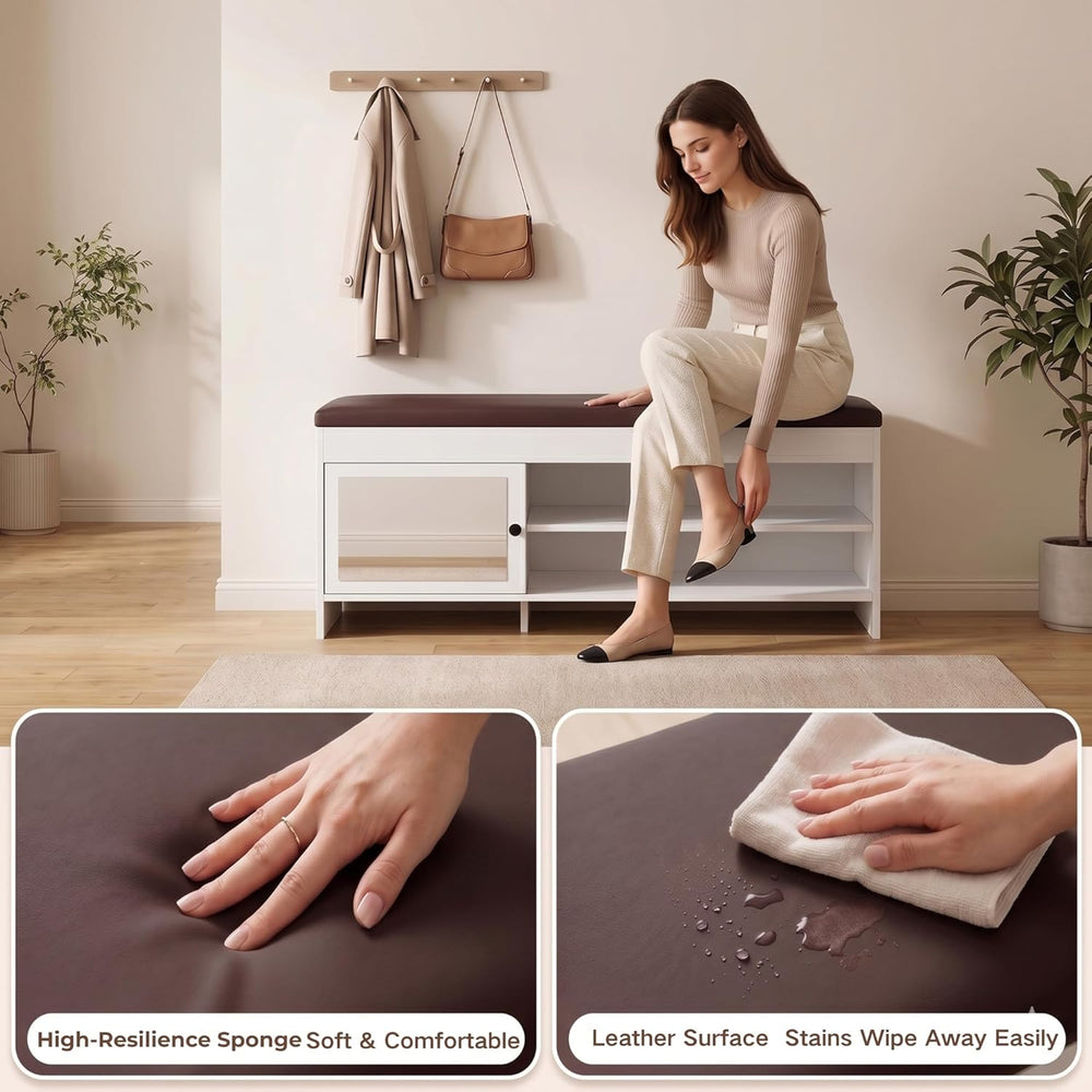 40.5 in Shoe Bench with Storage, Storage Bench, Padded Seat, White | Lift-top...