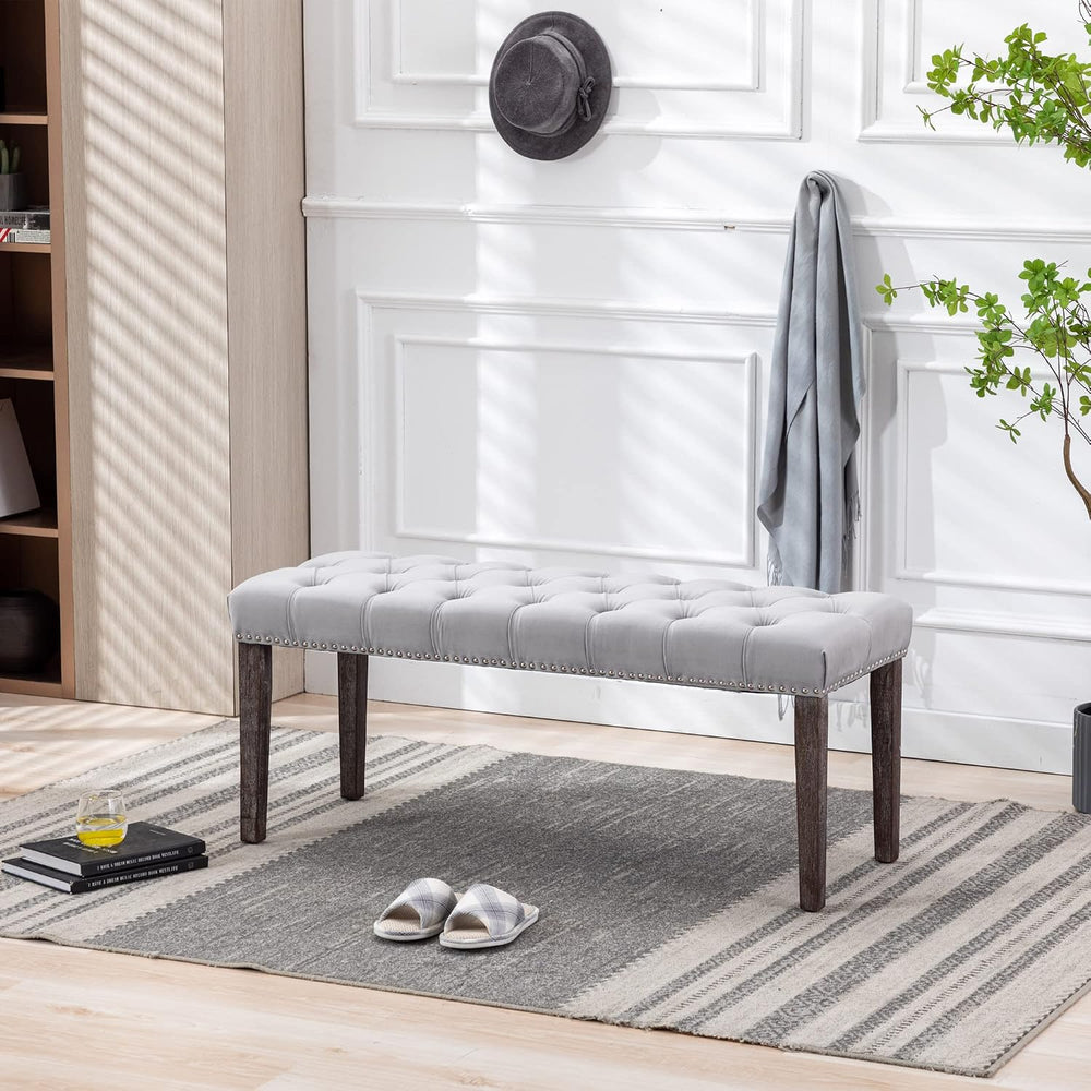 KCC Button-Tufted Ottoman Bench, Upholstered Velvet Bedroom Benches,Gray