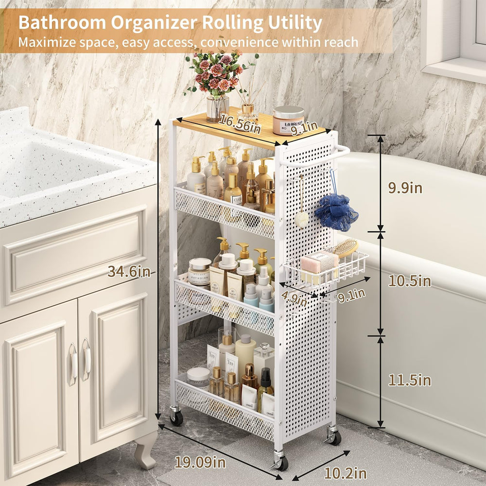 Slim Storage Rolling Cart: 4-Tier Narrow Metal & Wood Utility Cart with W...