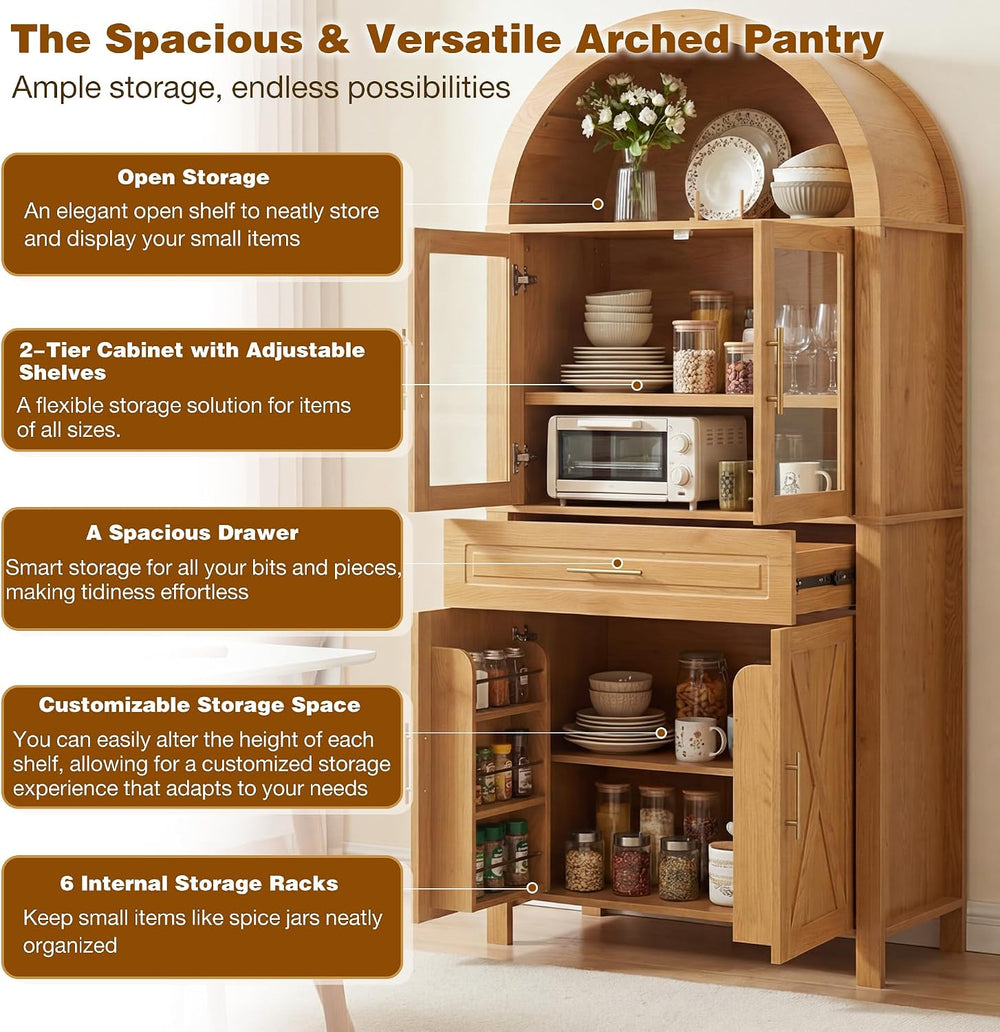 Polibi 71" Tall Arched Kitchen Pantry Cabinet with Glass Doors,Farmhouse...