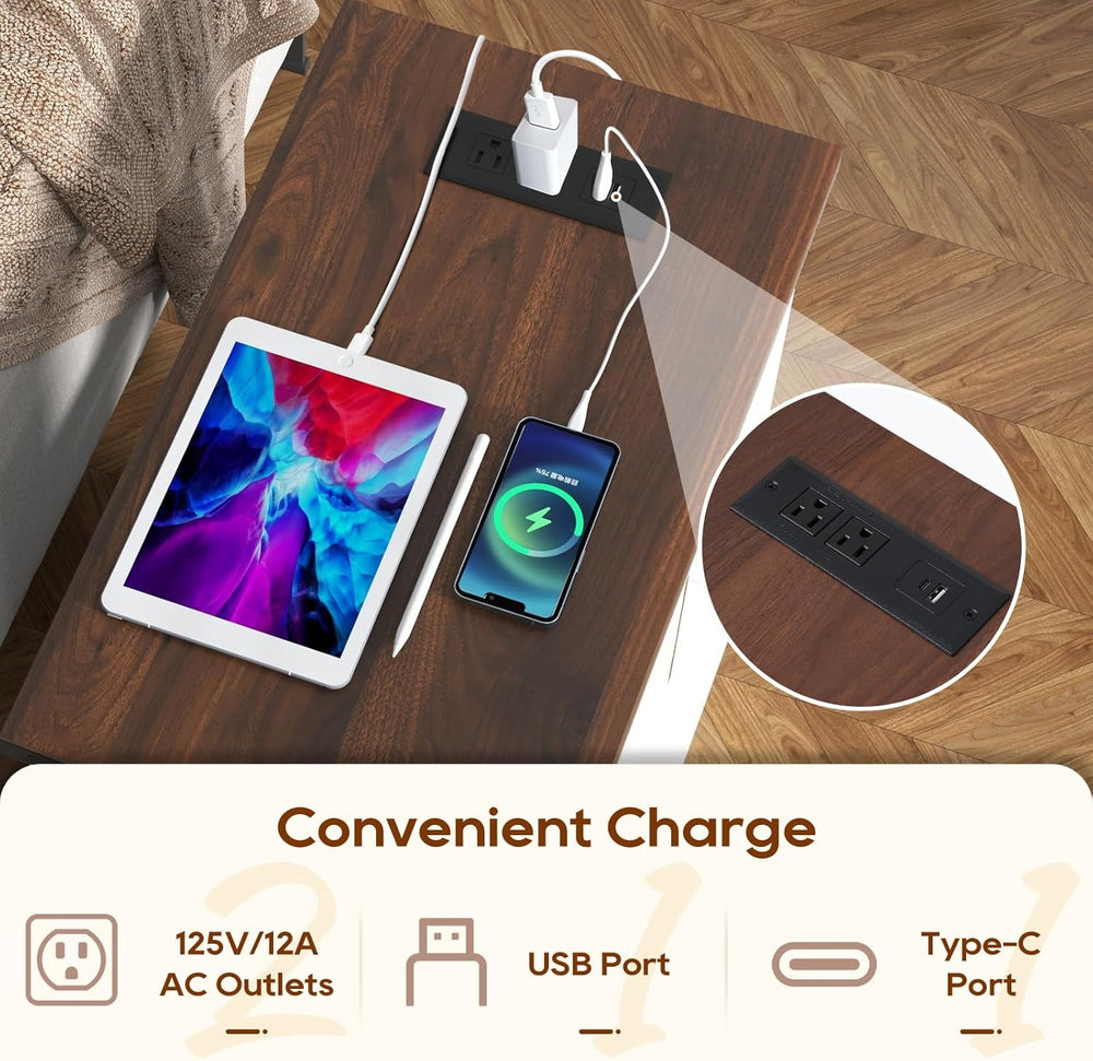 SUNSITT Side Table with Charging Station, Farmhouse End Tables with Back Stor...