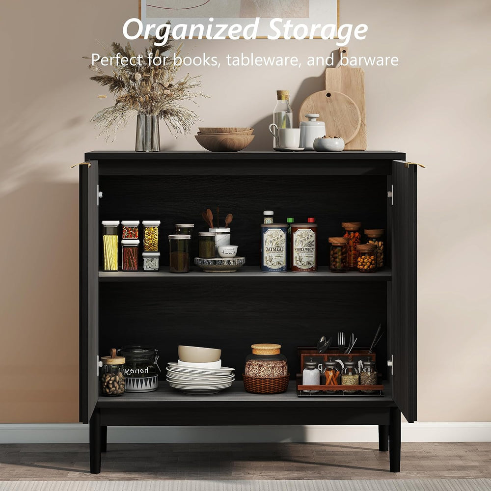Fluted Cabinet with Storage, Buffet Cabinet Sideboard with 2 Doors, Black Buf...