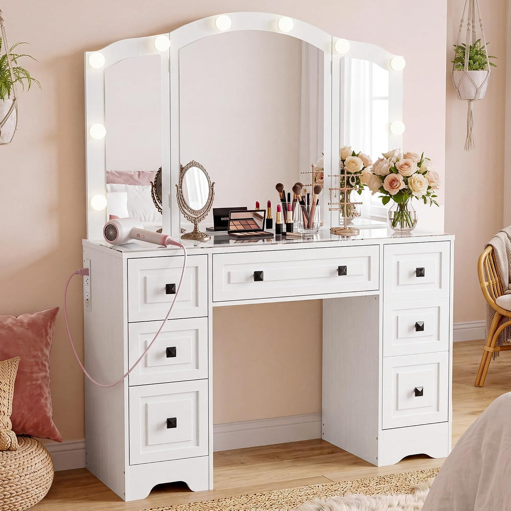senlin Vintage Vanity with Lighted Mirror & Outlet (White) | Retro dressi...
