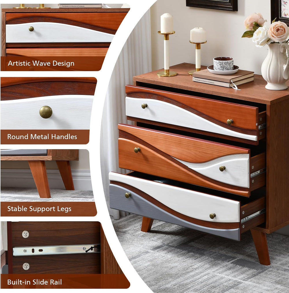 3-Drawer Dresser with Sculpted Wave Fronts, Tri-Color Drawer Design, Modern C...