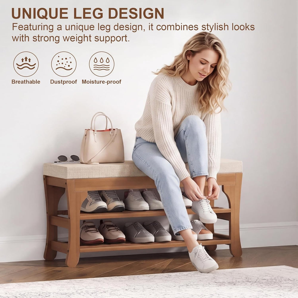 PETKABOO 27.6" Shoe Storage Bench with Cushion, Bamboo Shoe Rack Bench, ...