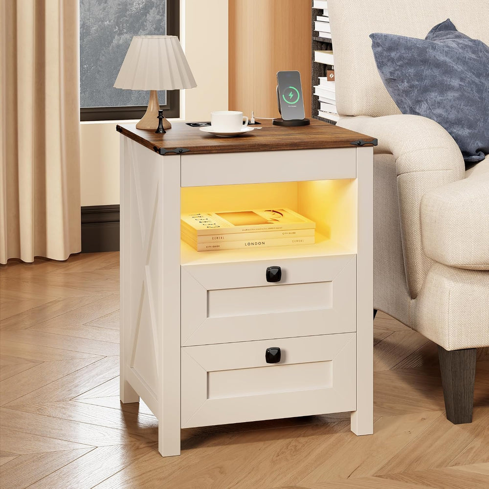 HWB LED Nightstand Set of 2 with Gun Drawer: Bedside Table with Charging Stat...
