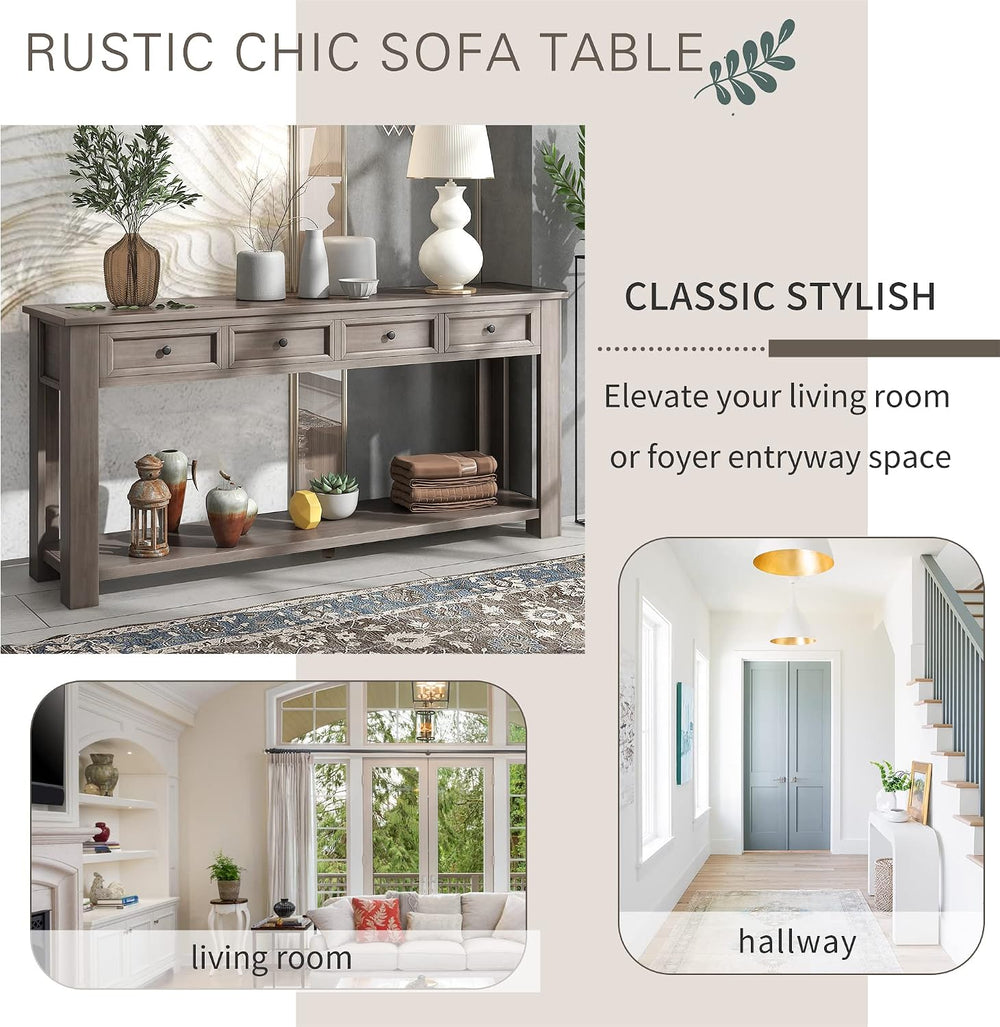 Knocbel Console Table with 4 Storage Drawers and Bottom Shelf, Rustic Distres...
