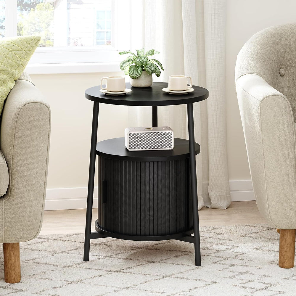 ONBRILL Round Side Table with Storage, Fluted Nightstand with Charging Statio...
