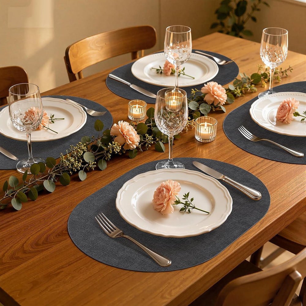 Homaxy Oval Faux Leather Placemats Set of 6, Easy to Clean, Dark Grey