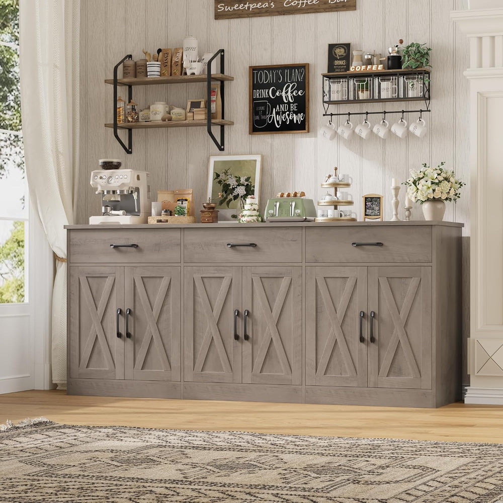 HOSTACK 71" W Farmhouse Kitchen Sideboard Buffet Cabinet with Storage, Grey