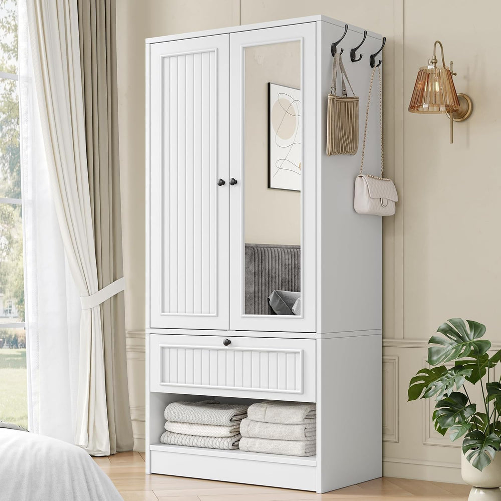 Feonase Armoire Wardrobe Cabinet with Mirror and Drawer, 70" 2-Door Wood...
