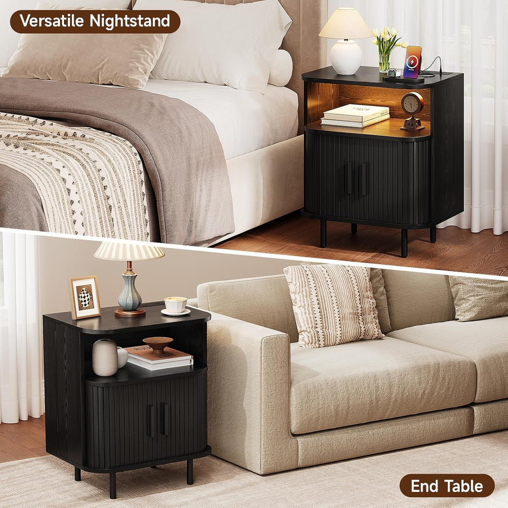 ONBRILL Fluted Nightstand with Drawers, Modern End Table with Charging Statio...