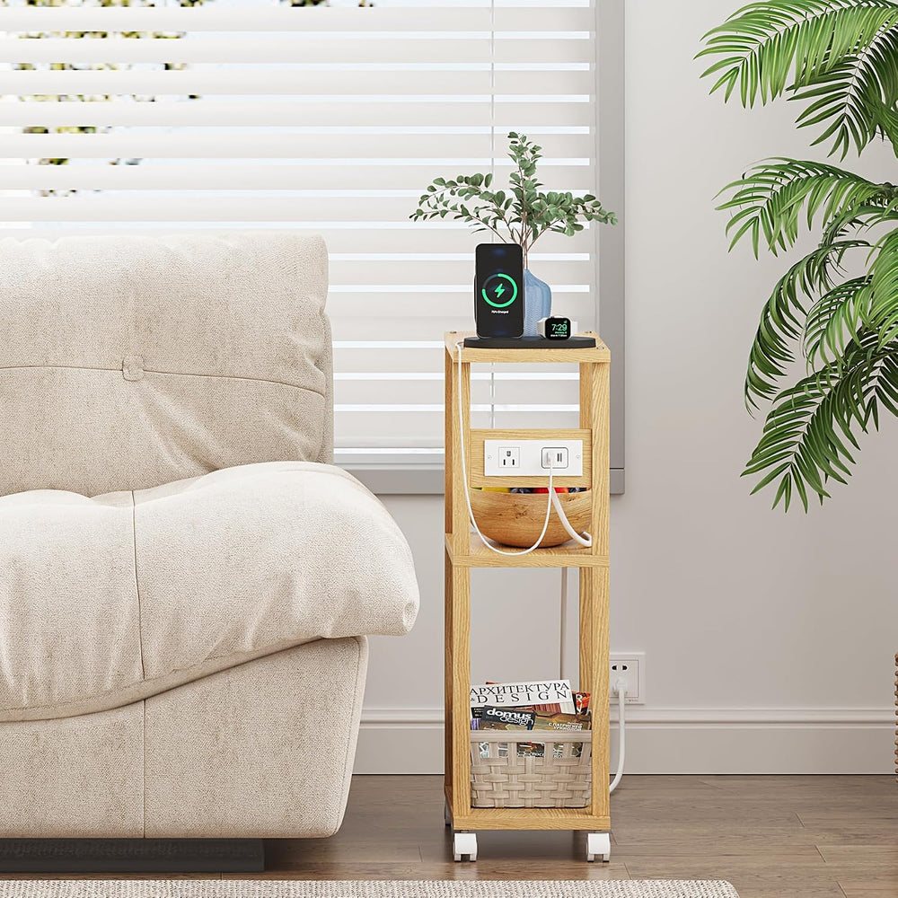 TUTOTAK Small Narrow Side Table with Charging Station, Skinny End Table for S...