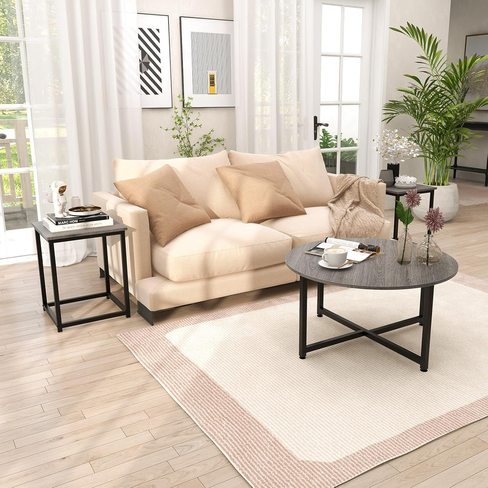 COSTWAY Coffee Table Set of 3, Wood Grain Round Coffee Table and 2 Square End...