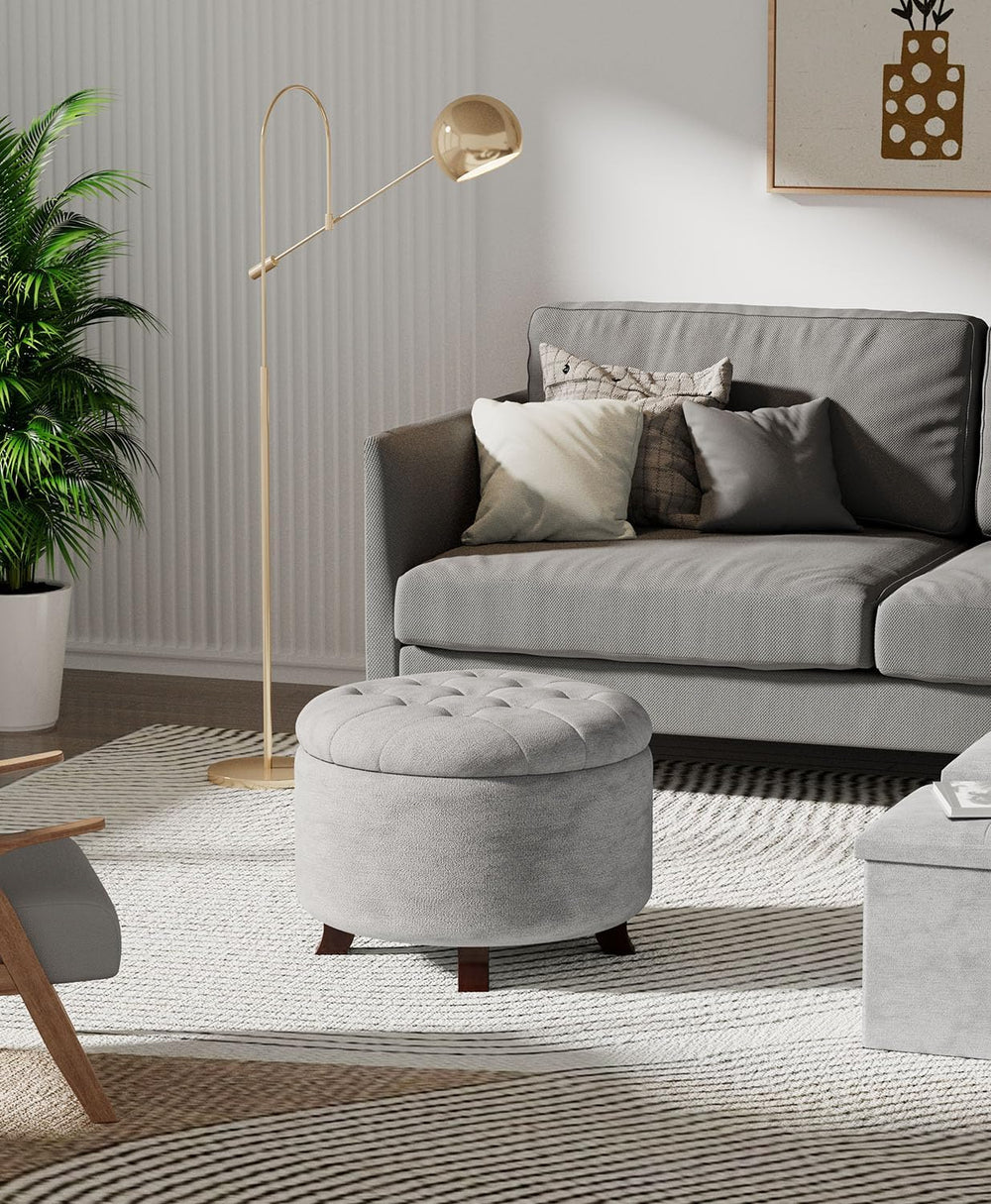 OS MOTOR Round Storage Ottoman Bench, Light Gray, 25 Inches | Multi-Functiona...