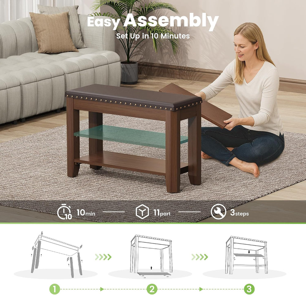 Shoe Bench for Entryway, Solid Rubberwood Shoe Bench with Hidden Storage, Adj...