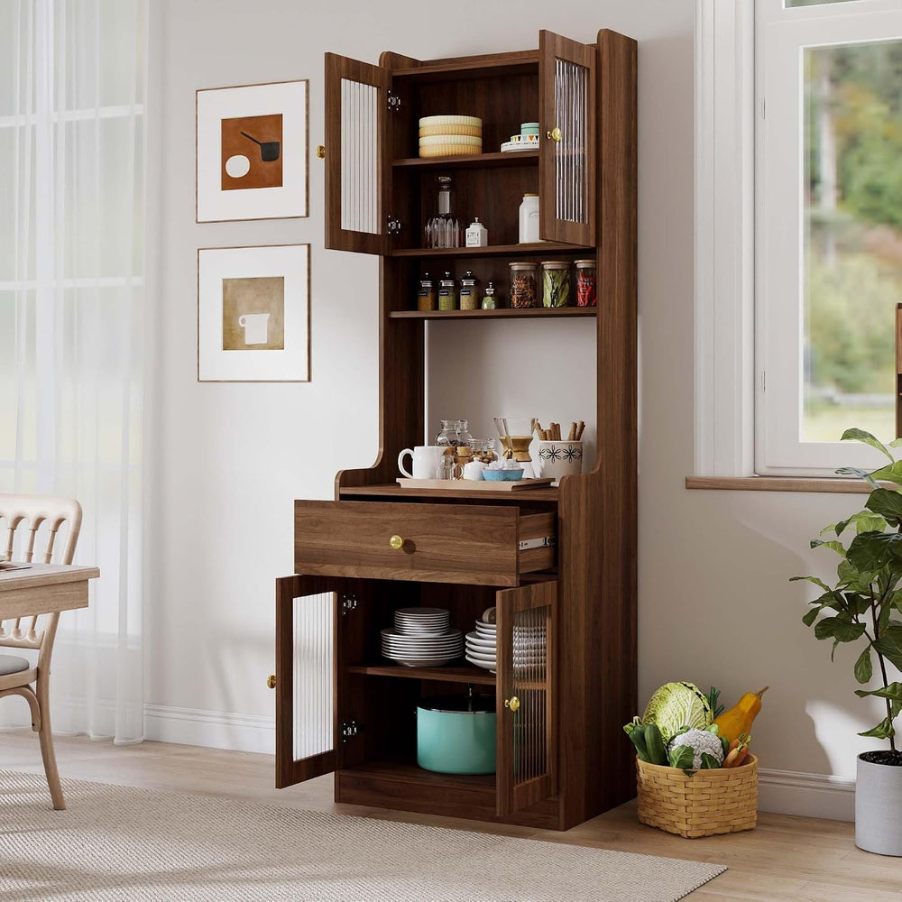 71” Coffee Bar Hutch with Drawers, Pantry Cabinet with Doors & Internal S...