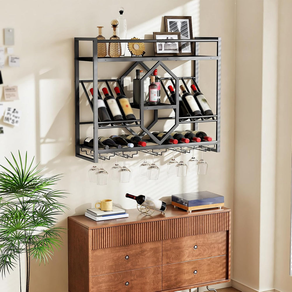 HOOBRO Wall Mounted Wine Rack with LED Light, 31.5" Wine Shelf, 3 Tier W...