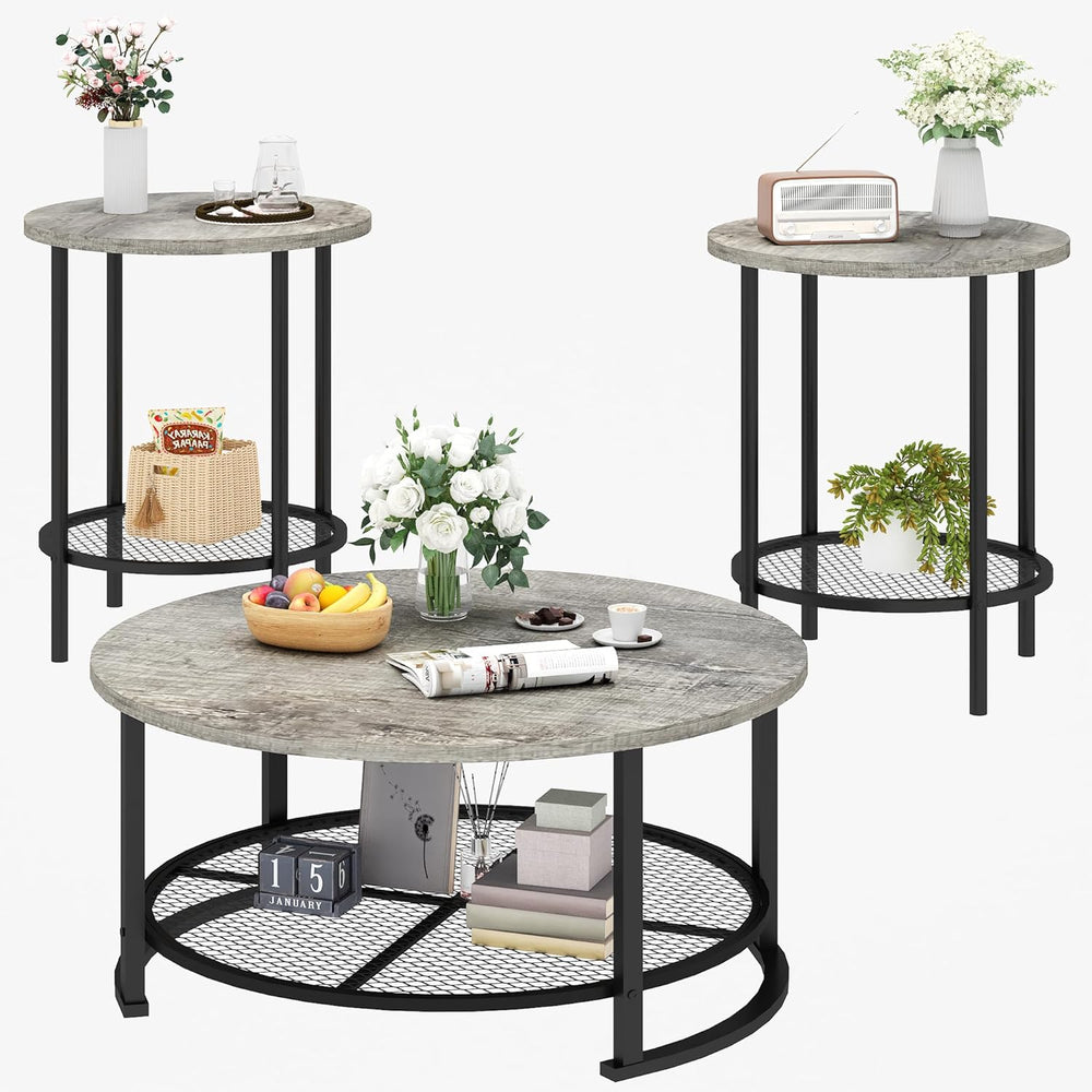 DKLGG 3-Piece Coffee Table and End Table Sets for Living Room, Round Coffee T...