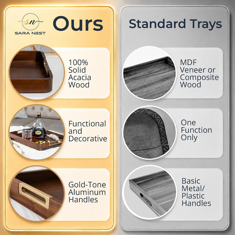 100% Acacia Wooden Serving Tray with Gold-Tone Aluminum Handles