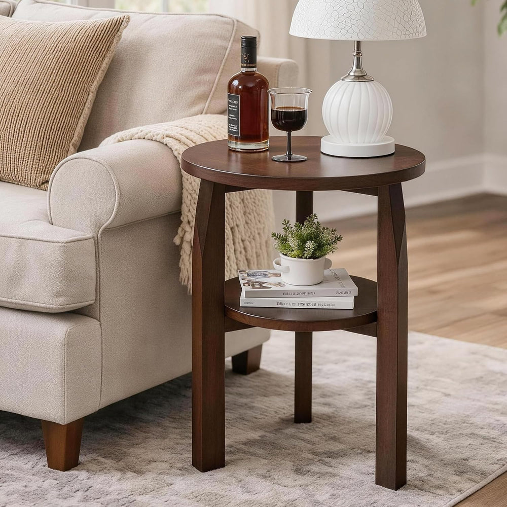 Round End Table, Solid Rubberwood 2-Tier Side Table with Open Storage Shelf, ...