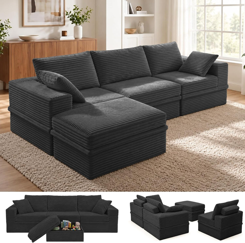 107" L-Shaped Modular Sectional Sofa with Movable Ottoman, Oversized Bon...
