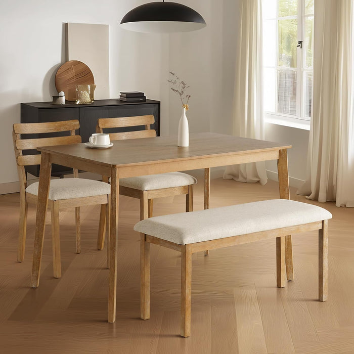 4-Piece Farmhouse Dining Set, Wooden Dining Table with 2 Chairs, Bench Seat