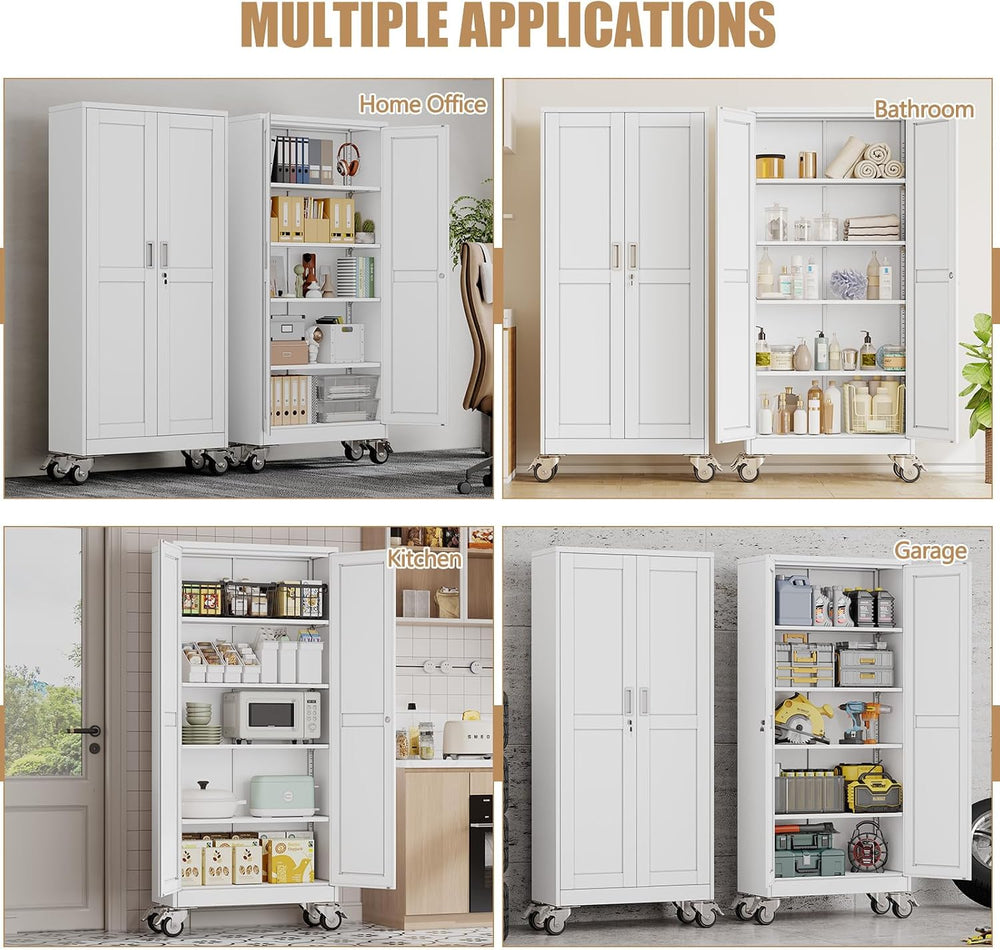 71" H Metal Pantry Storage Cabinet with Wheels,Rolling Kitchen Pantry Ca...