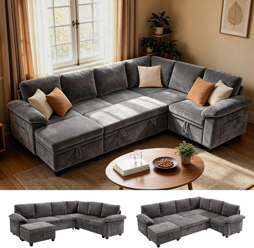 109" Sectional Sleeper 7 Sest Modular Couch Pull-Out Storage Sofa Bed | ...