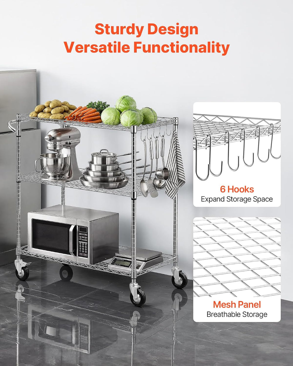 VEVOR 3 Tier Rolling Utility Cart, 661 lbs Static Capacity, Heavy Duty Adjust...