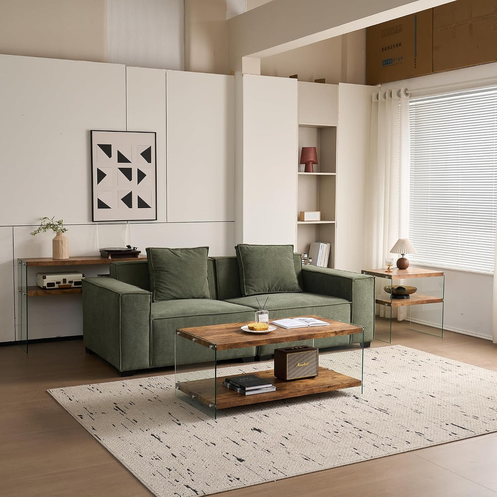 Glass Side Table Modern Design: Two-Tier Walnut MDF Frame & Tempered Glas...