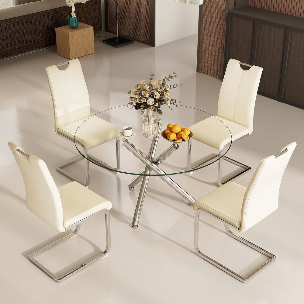 Modern Luxury Round Glass Dining Set for 4, 5 Pieces Clear Circle Glass Kitch...