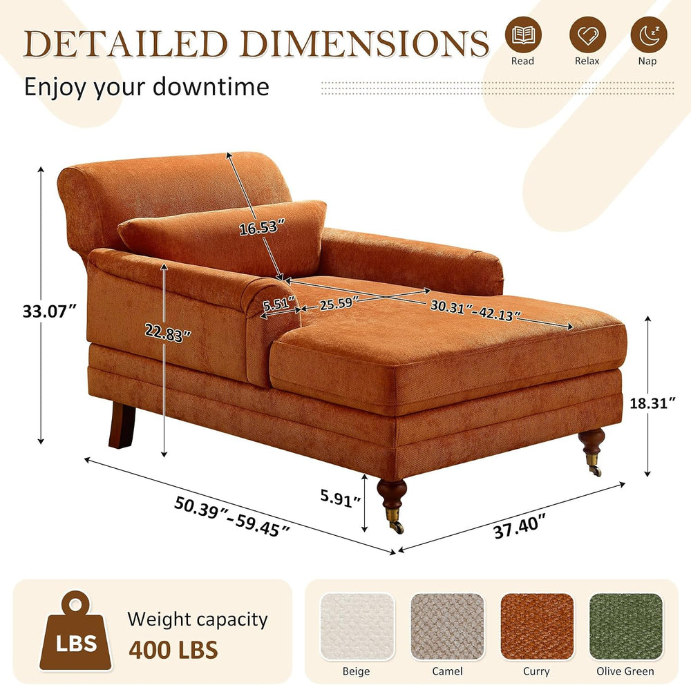 59.45'' Chaise Lounge Chair with Adjustable Backrest, Chenille Curry